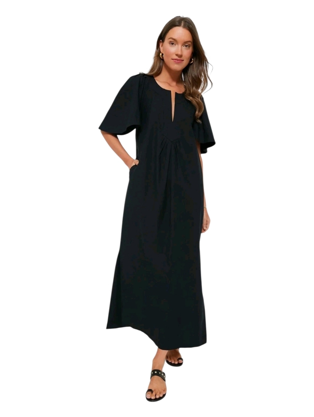 Pomander Place Finley Flutter Sleeve Maxi Dress Black Cotton Size Large NWT